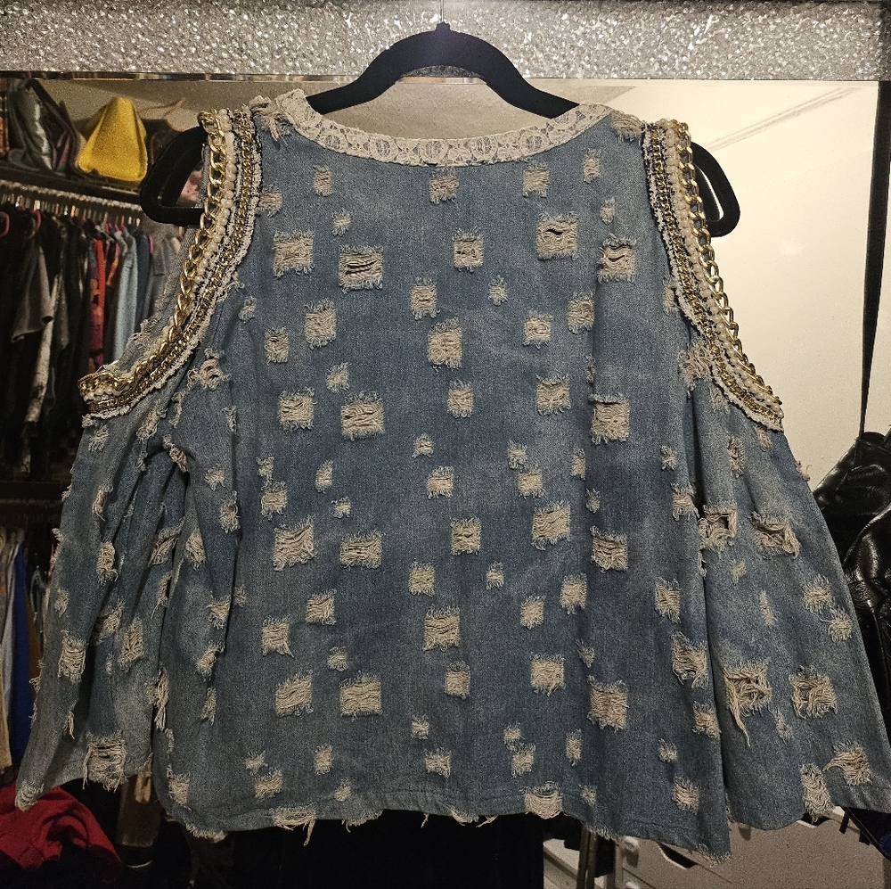 Distressed Denim Cold Shoulder Top - Picture 3 of 7